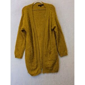 Love Tree Women's Size M Mustard Yellow Open Front Cardigan Fuzzy Eyelash Knit